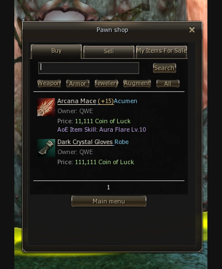 Auction interface on Mirage World
