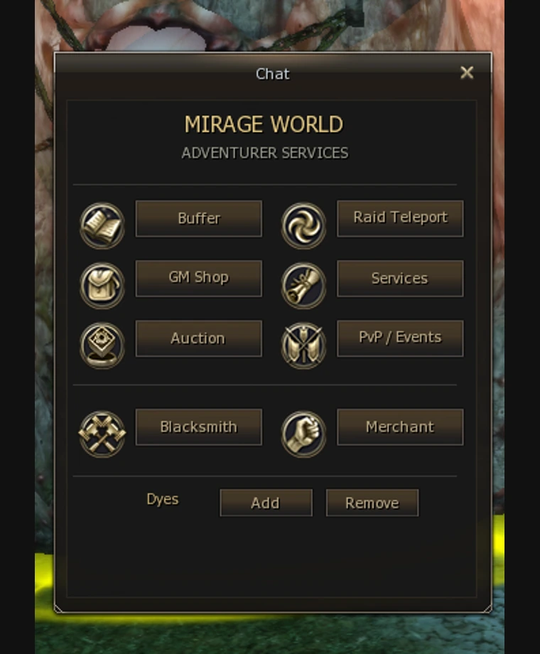 Service Manager main menu on Mirage World